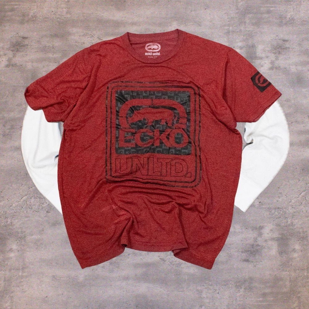 Y2K Style Ecko Unlimited Big Print Burgundy Red Double Stitch T-Shirt